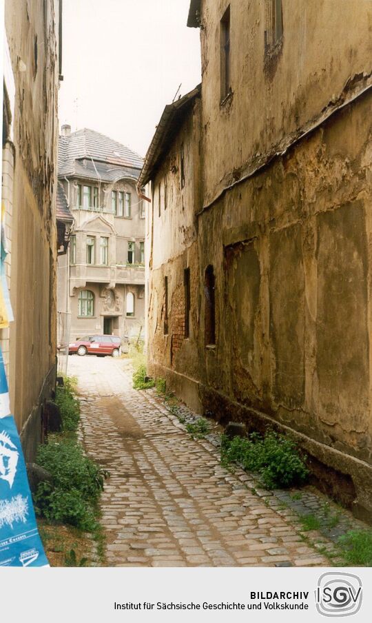 Blick durch die Basteigasse zur Weberstraße in Werdau