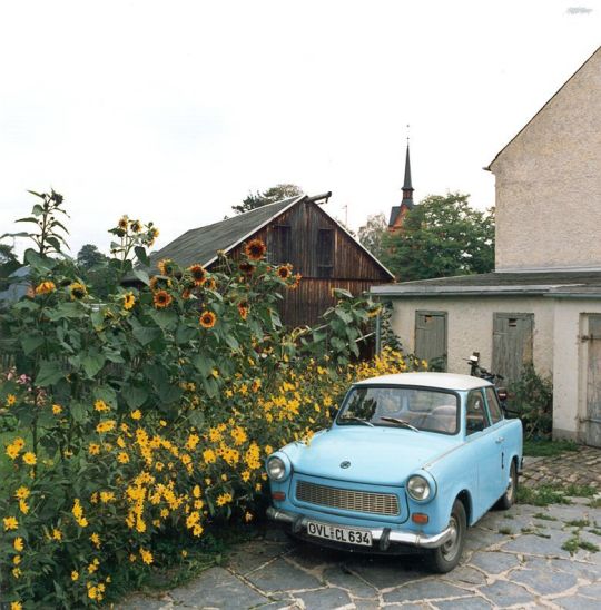 Hof mit Fahrzeug und Blumen in Marieney