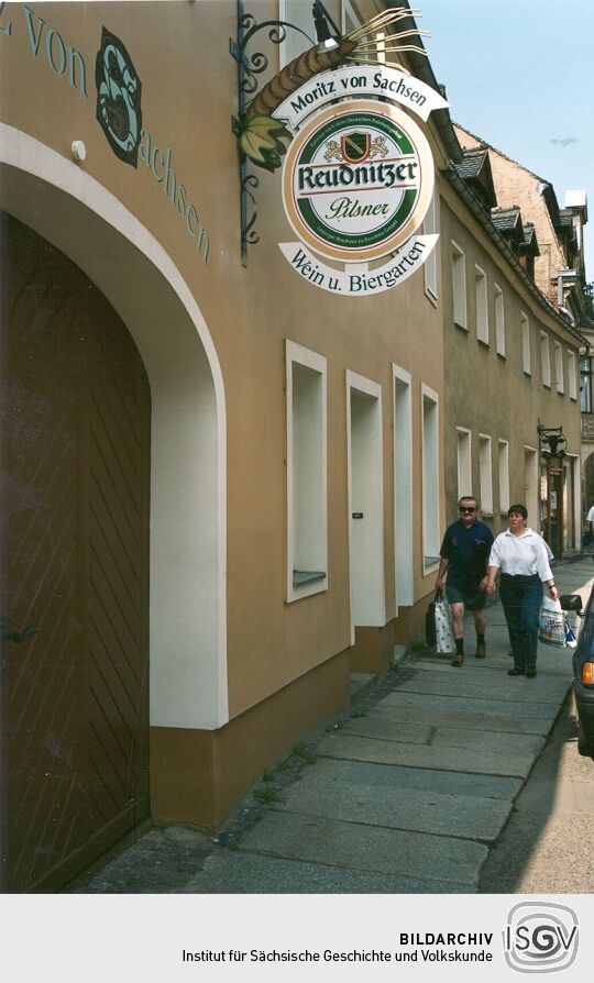 Außenwerbung der Gaststätte "Moritz von Sachsen" in Grimma