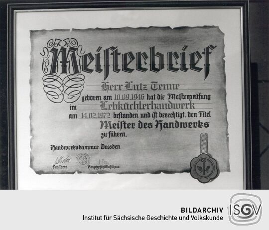 Meisterbrief in der Pfefferküchlerei Handrick in Pulsnitz