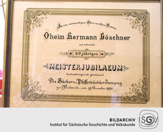 Urkunde zum Meisterjubiläum von Hermann Löschner in Pulsnitz