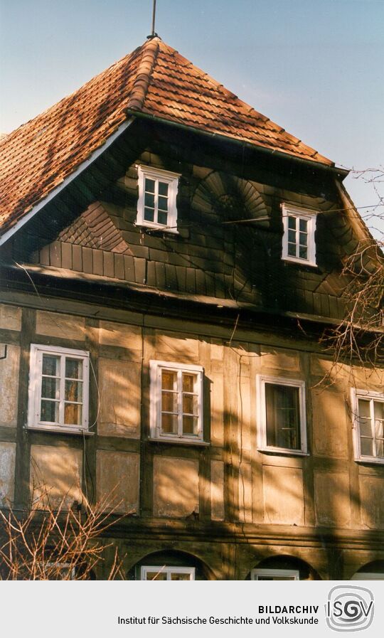 Teil eines Fachwerkhauses mit Umgebinde in Großschönau