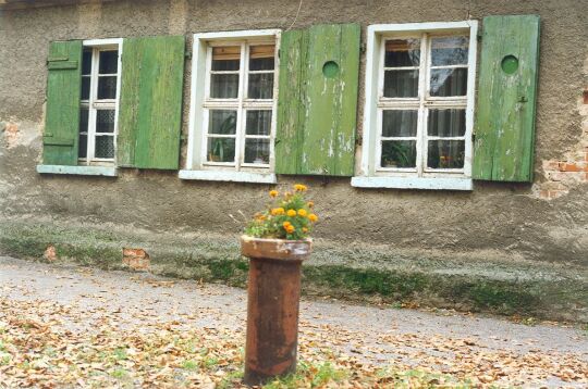 Mit Blumen geschmücktes Abwasserrrohr vor einem Wohnhaus in Zinna