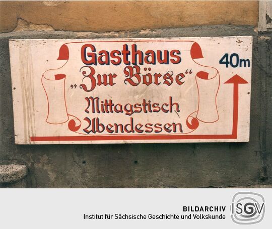 Hinweisschild für die Gaststätte "Zur Börse" in Meißen