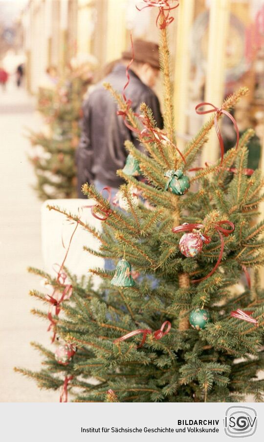 Weihnachtsschmuck vor einem Geschäft in Löbau