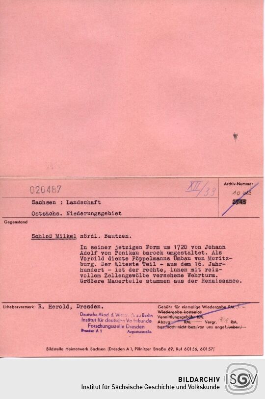 Ansicht des Schlosses Milkel
