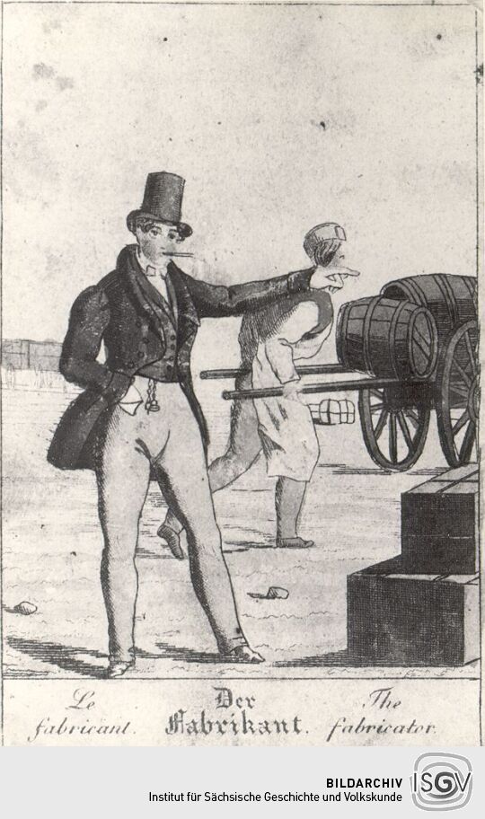 Spielkarte mit Fabrikant und Karrenschieber