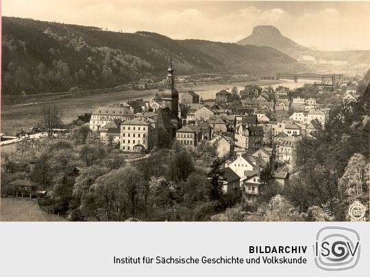 Postkarte: Bad Schandau mit Elbbrücke und Lilienstein