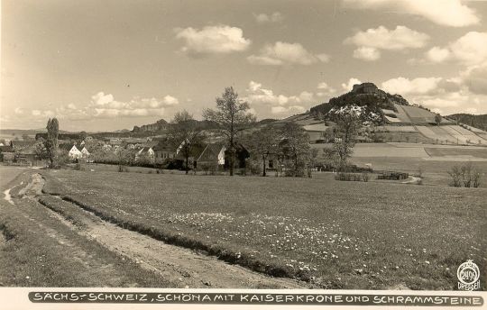 Postkarte: Schöna mit Kaiserkrone und Schrammsteinen