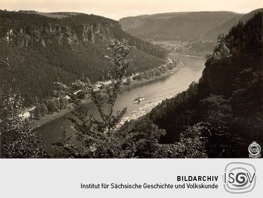 Postkarte: Schöna mit Kaiserkrone und Schrammsteinen