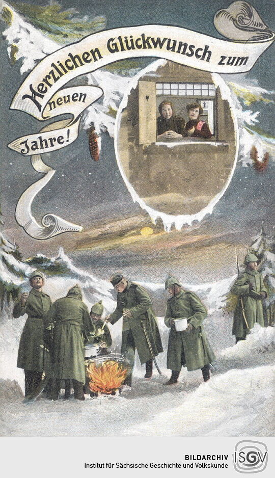Kriegspropagandapostkarte: Neujahr an der Front
