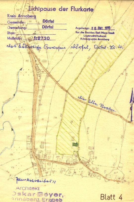 Reproduktion (Lichtpause) der Flurkarte von Dörfel