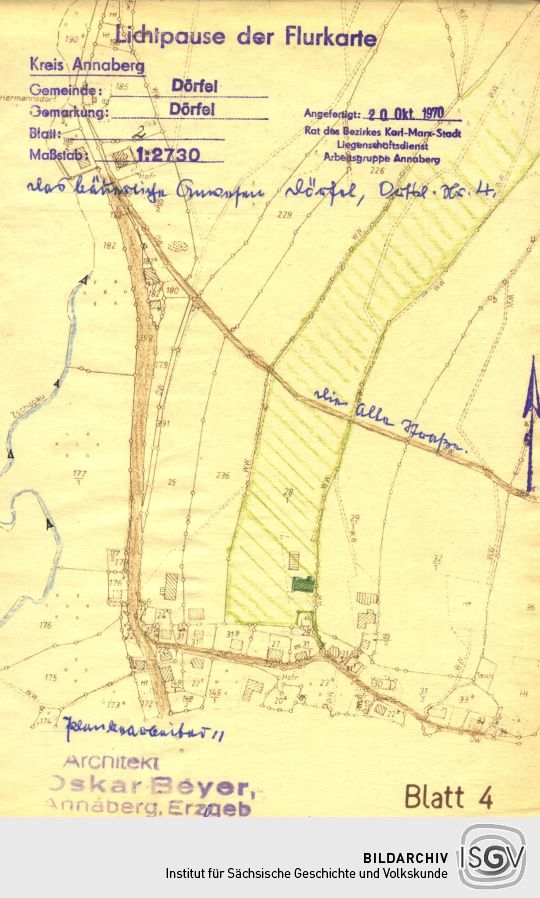 Reproduktion (Lichtpause) der Flurkarte von Dörfel