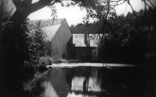 Blick auf das Mühlengebäude und Stauweiher der Staudenmühle in Reuth