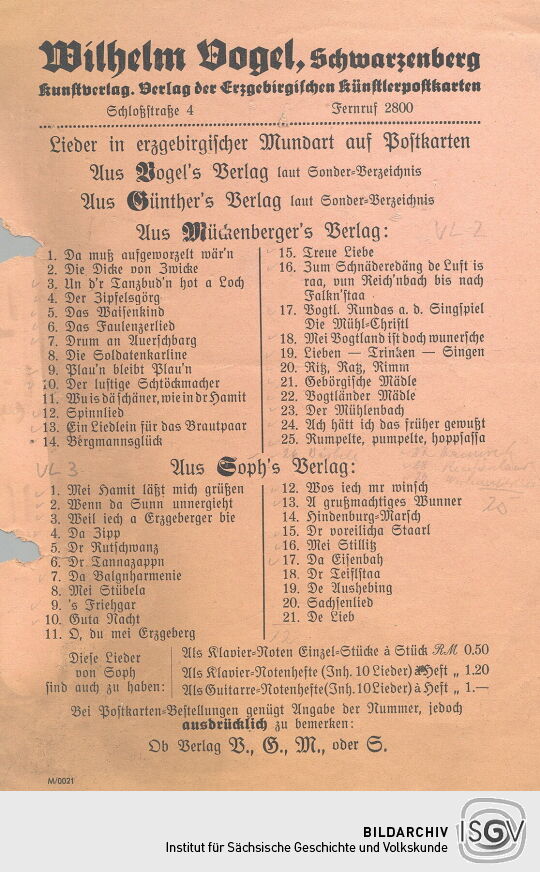 Verzeichnis von Liedern in erzgebirgischer Mundart