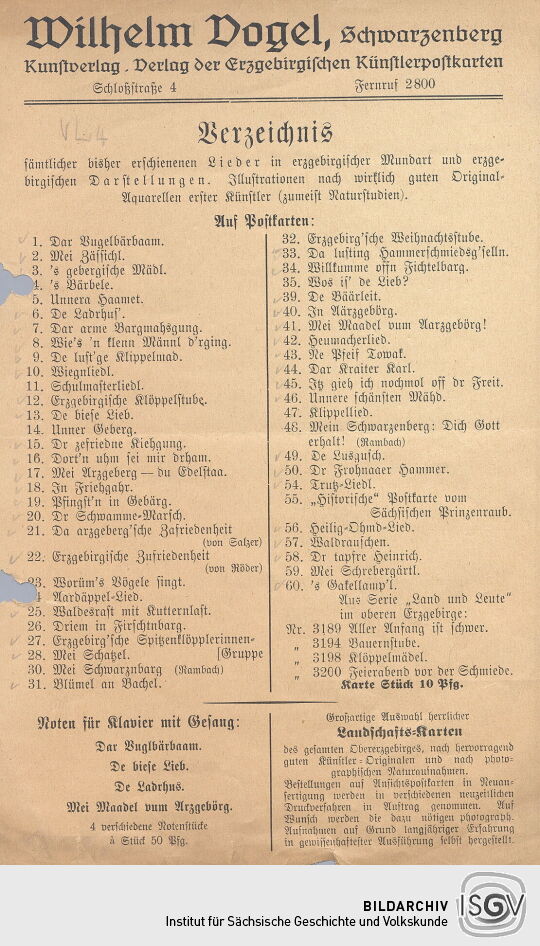 Verzeichnis der Lieder in erzgebirgischer Mundart