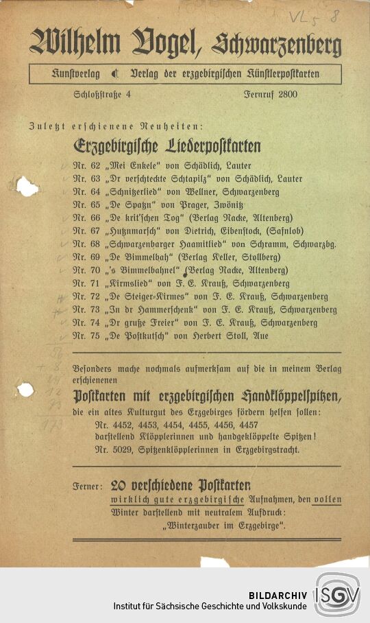 Verzeichnis von Liedpostkarten in erzgebirgischer Mundart