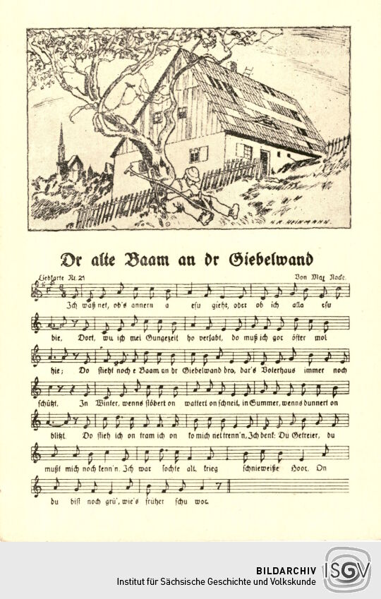 Postkarte 'Dr alte Baam an dr Giebelwand'