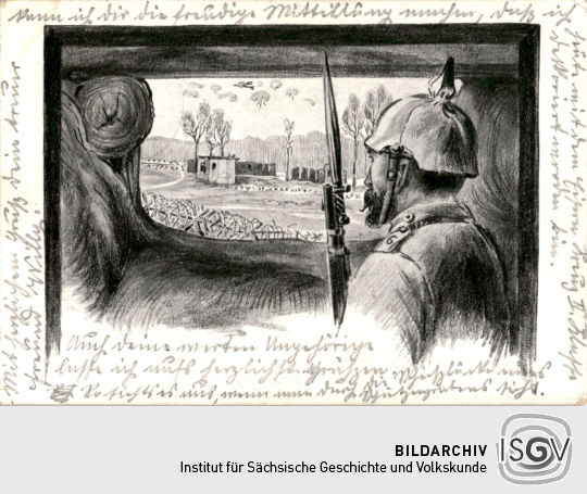 Postkarte: "Kriegsjahr 1914/15 Östlicher Kriegsschauplatz Vorwerk Promnik"