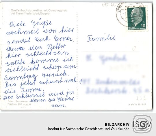 Postkarte 'Greifenbachstauweiher mit Campingplatz'