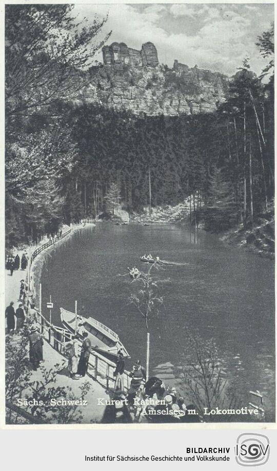 Postkarte: Amselsee mit Lokomotive in der Sächsischen Schweiz