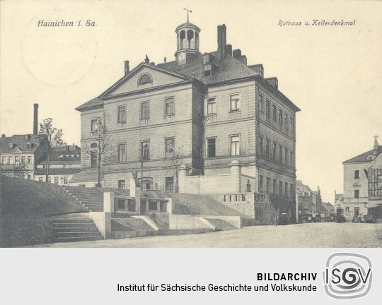 Postkarte "Hainichen i. Sa., Rathaus u. Kellerdenkmal"