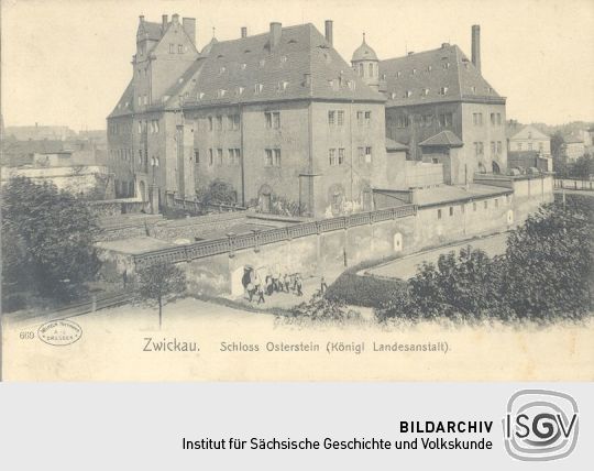 Bildpostkarte mit einer Stadtansicht von Zwickau