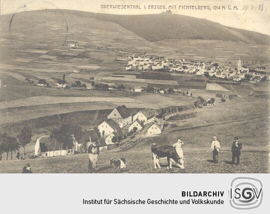 Bildpostkarte "Oberwiesenthal i. Erzgeb. mit Fichtelberg, 1214 m ü. M.