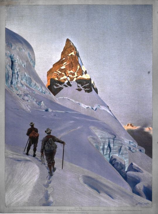 Lithographie 'Morgensonne an der Crast' Agüzza (3854 m) in der Berninagruppe' von Ernst Platz