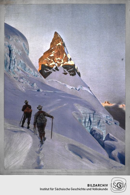 Lithographie 'Morgensonne an der Crast' Agüzza (3854 m) in der Berninagruppe' von Ernst Platz