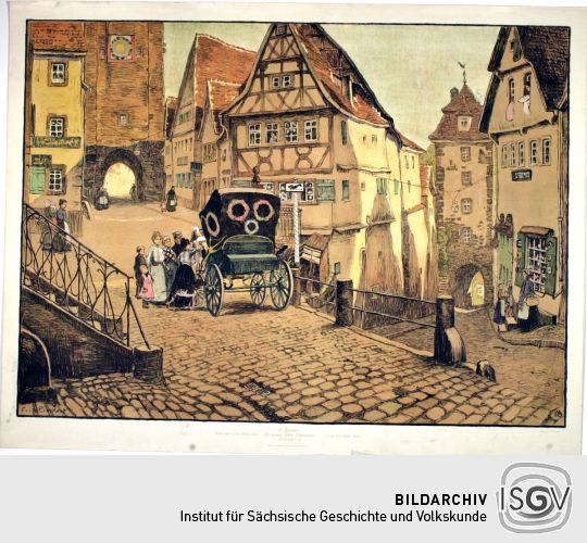 Lithographie 'In einem alten Städtchen (Rothenburg o. d. T.)' von Fritz Beckert
