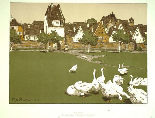 Lithographie 'Vor dem Tore (Sulzfeld in Franken)' von Fritz Beckert