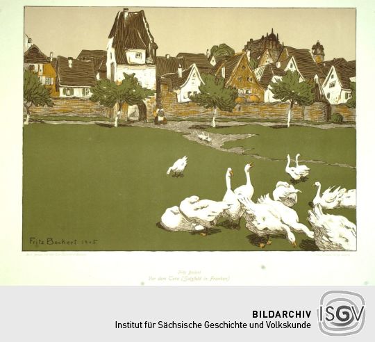 Lithographie 'Vor dem Tore (Sulzfeld in Franken)' von Fritz Beckert