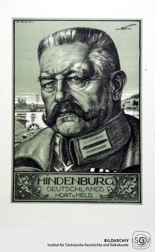 Lithographie 'Hindenburg, Deutschland's Hort u. Held' von Willi Münch-Khe