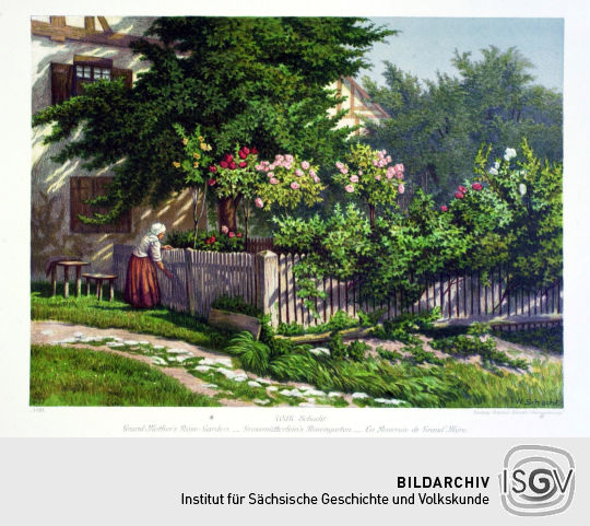 Lithographie 'Großmütterleins Rosengarten' von Wilhelm Schacht