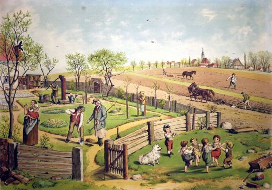 Lithographie 'Frühling: Garten und Feld' von H. Kemper