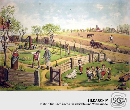 Lithographie 'Frühling: Garten und Feld' von H. Kemper