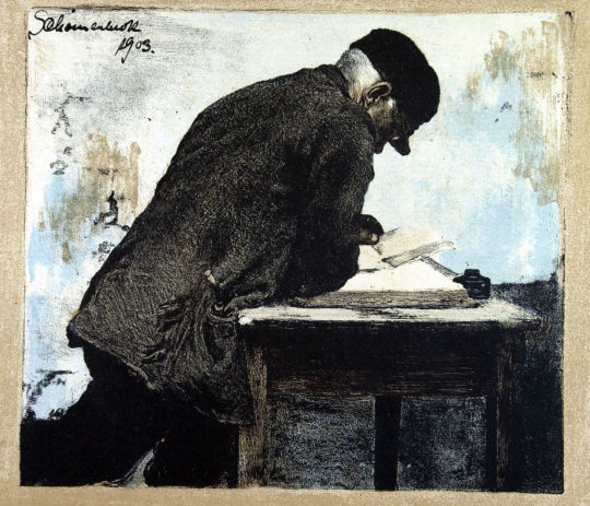 Lithographie 'Lesender Bauer' von Adolf Schönnenbeck