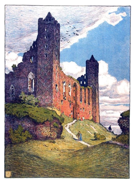 Lithographie 'Ruine der Ordensburg Rheden, W[est].-P[reußen].' von Arthur Bendrat