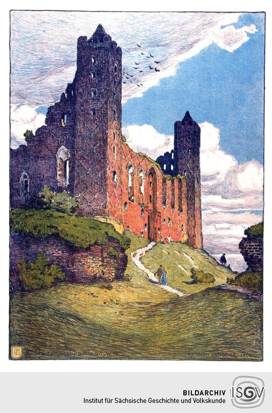 Lithographie 'Ruine der Ordensburg Rheden, W[est].-P[reußen].' von Arthur Bendrat