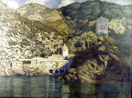 Lithographie 'Felsenküste (San Fruttuoso)' von Karl Schmoll von Eisenwerth