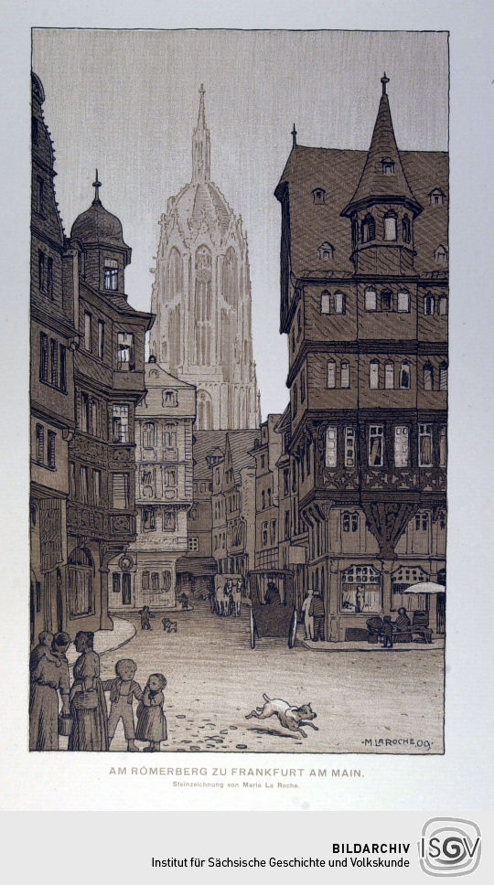 Lithographie 'Am Römerberg zu Frankfurt am Main' von Maria La Roche