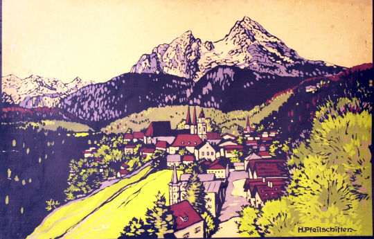 Lithographie 'Berchtesgaden mit Watzmann' von H. Pfeilschifter