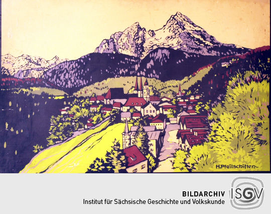 Lithographie 'Berchtesgaden mit Watzmann' von H. Pfeilschifter