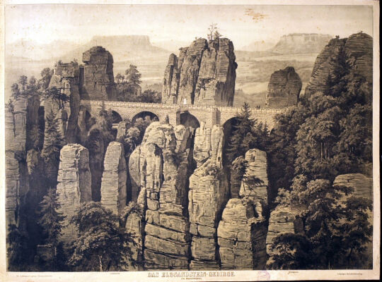 Lithographie 'Das Elbsandstein-Gebirge. Die Basteibrücke' von einem unbekannten Künstler