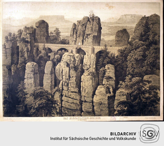 Lithographie 'Das Elbsandstein-Gebirge. Die Basteibrücke' von einem unbekannten Künstler