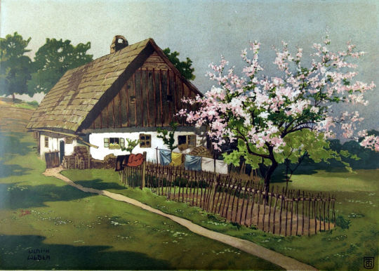 Lithographie 'Apfelblüte (Bieberteich im östlichen Schlesien)' von Ulrich Weber