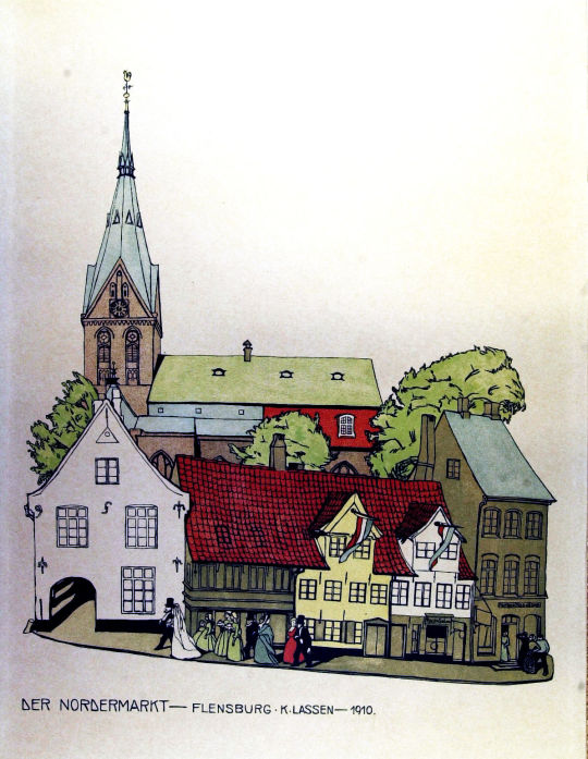 Lithographie 'Der Nodermarkt, Flensburg' von Käte Klassen