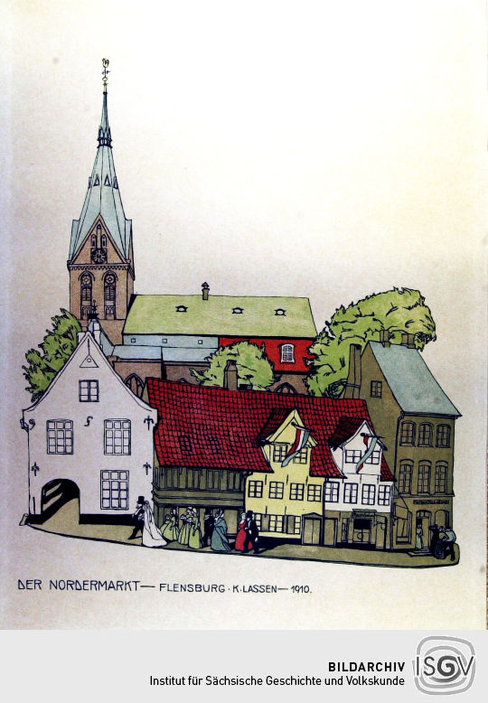 Lithographie 'Der Nodermarkt, Flensburg' von Käte Klassen