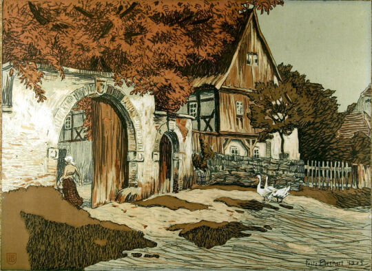 Lithographie 'Sächsische Dorfstraße (Lohmen bei Pirna)' von Fritz Beckert